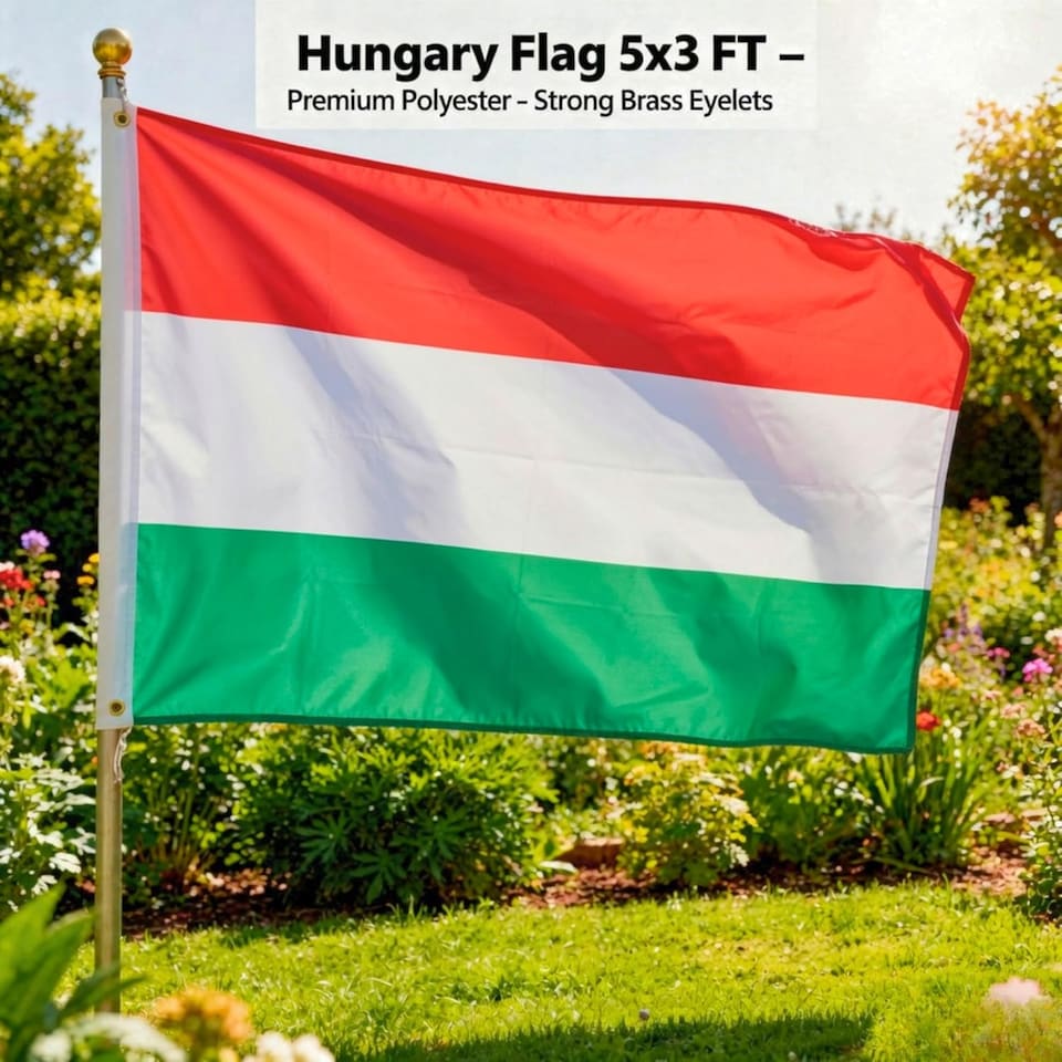 image 1 of Hungary Flag 5ft x 3ft with Brass Eyelets – Polyester Hungarian Flag Banner for Football Matches, National Celebrations, Home & Garden Display | Multi