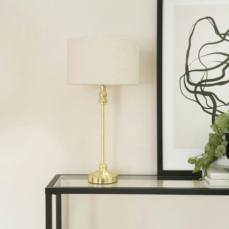 image 1 of ValueLights Maggie Gold Metal Candlestick Slim Table Lamp with Cream Boucle Drum Lamp Shade