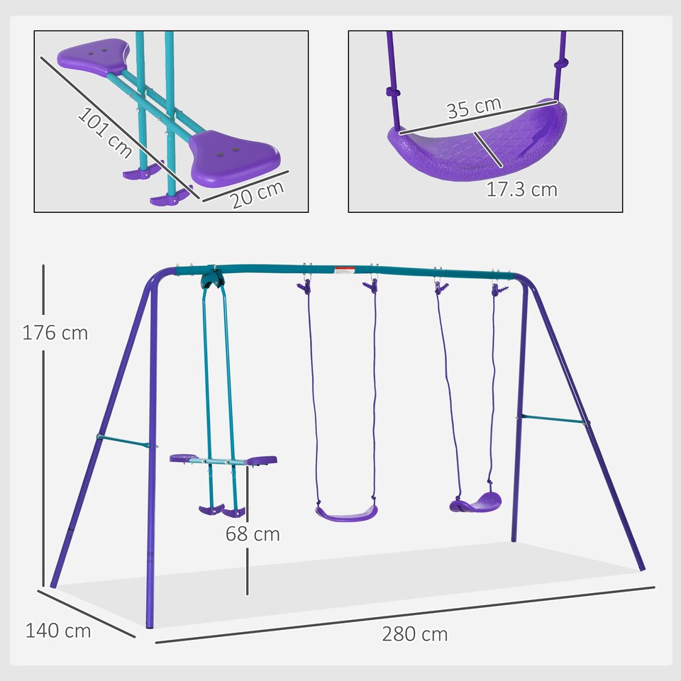 image 1 of Outsunny Metal Swings Set w/ Seesaw, Adjustable Height, Purple