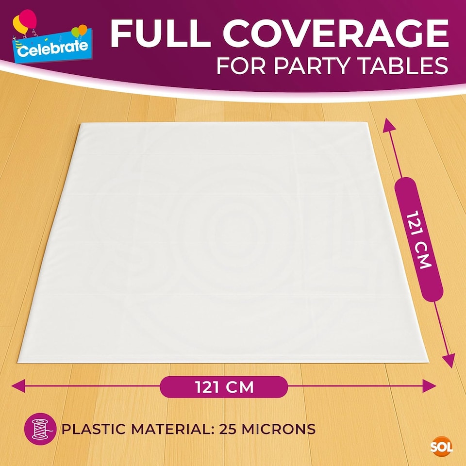 image 1 of 6pk White Tablecloths 121×121cm – Disposable Plastic Party Covers with Heavy Duty Spill Protection for Weddings, Buffets & Events