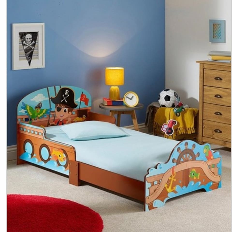 image 1 of Kids Pirate Themed Wooden Bed Frame w/ Guardrails - 70x140cm