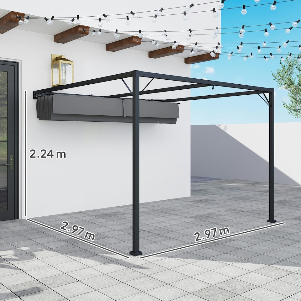 image 1 of Outsunny 3 x 3(m) Outdoor Pergola Retractable Canopy Wall Mounted - Grey