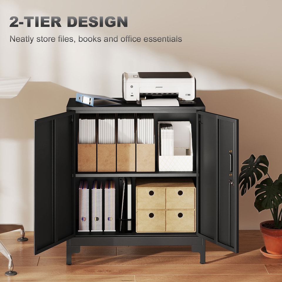 image 1 of HOMCOM Lockable Metal Filing Cabinet, 2-Tier Storage Cupboard | Black | Black | 80 x 35 x 91 cm