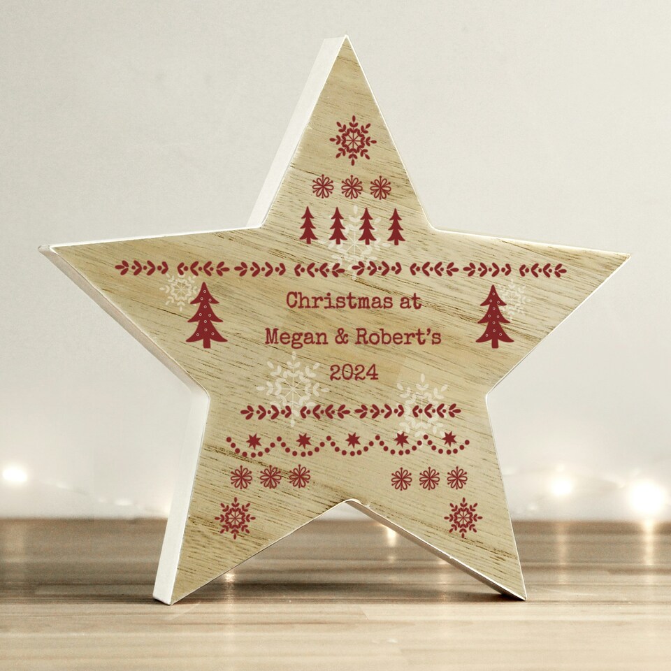 image 1 of Personalised Christmas Fair Isle Wooden Star Ornament
