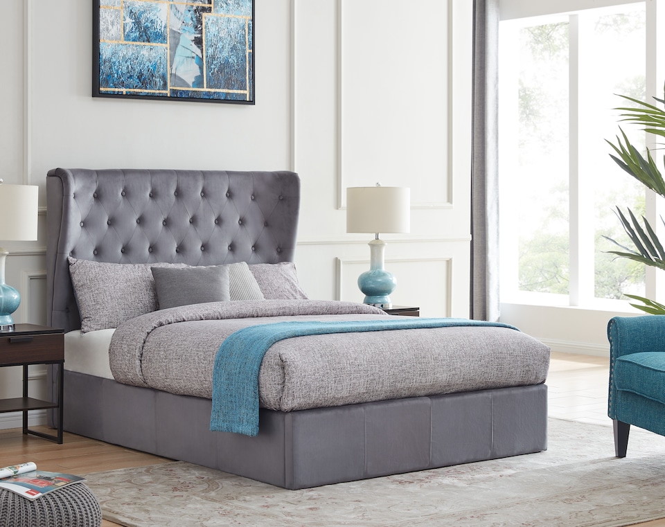 image 1 of 5ft King Size Grey fabric upholstered, winged, wing back headboard, tall, gas lift up ottoman bed frame, strong, sturdy bed frame