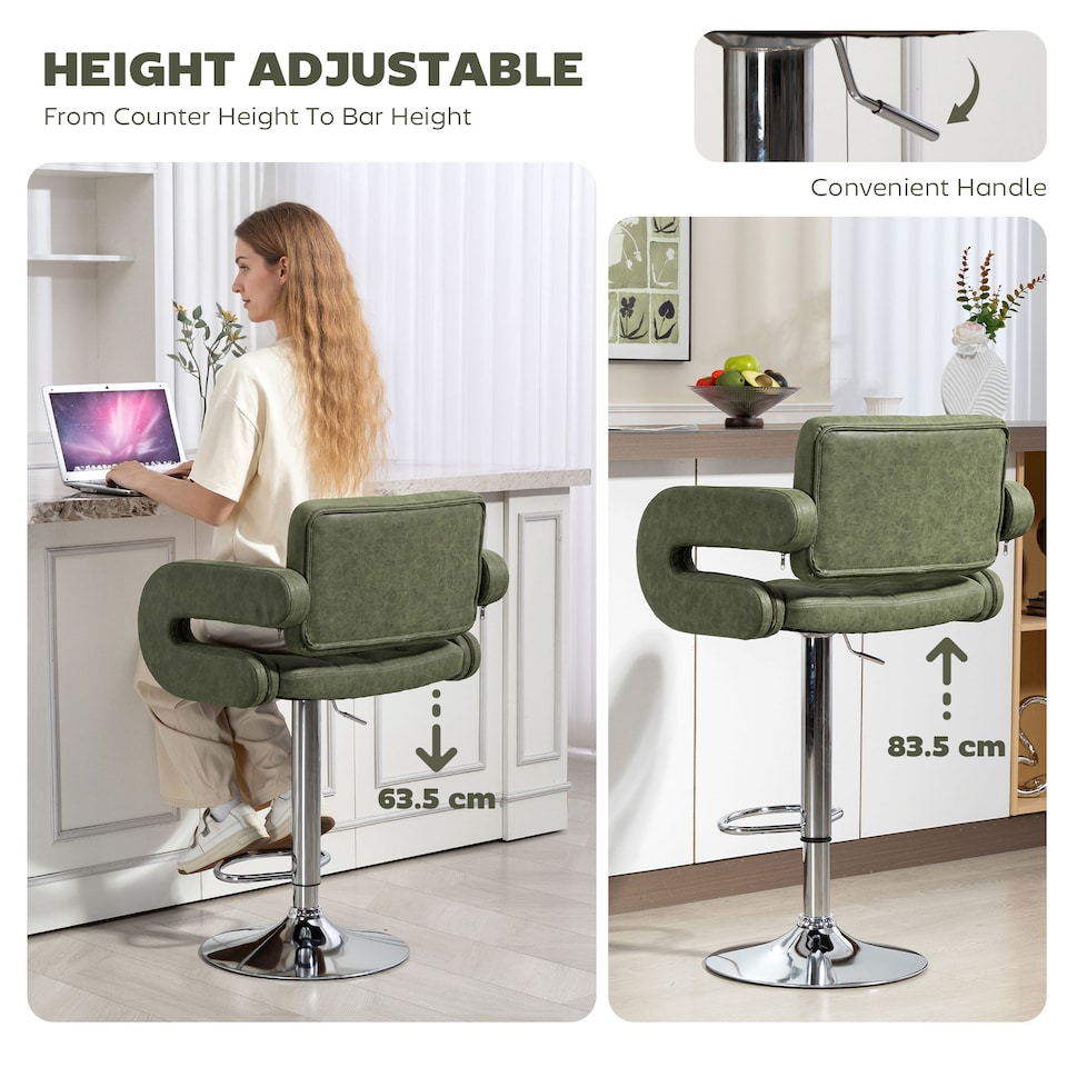 image 1 of HOMCOM Swivel Bar Stool with Extra Large Seat, PU Leather Upholstered Adjustable Barstool with Back, Arm and Footrest, Breakfast Bar Chair for Bistro, Kitchen, Green | Green | Green