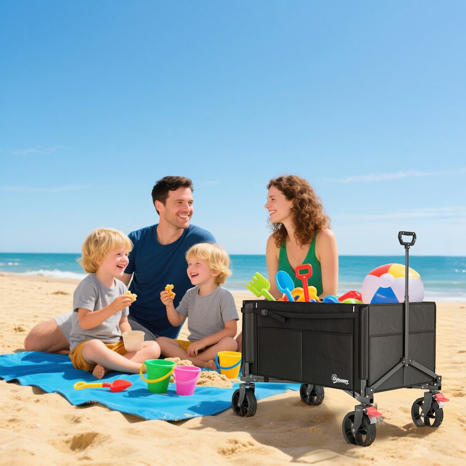 image 1 of Outsunny Folding Trolley on Wheels, Garden Cart with Openable Sides, Black