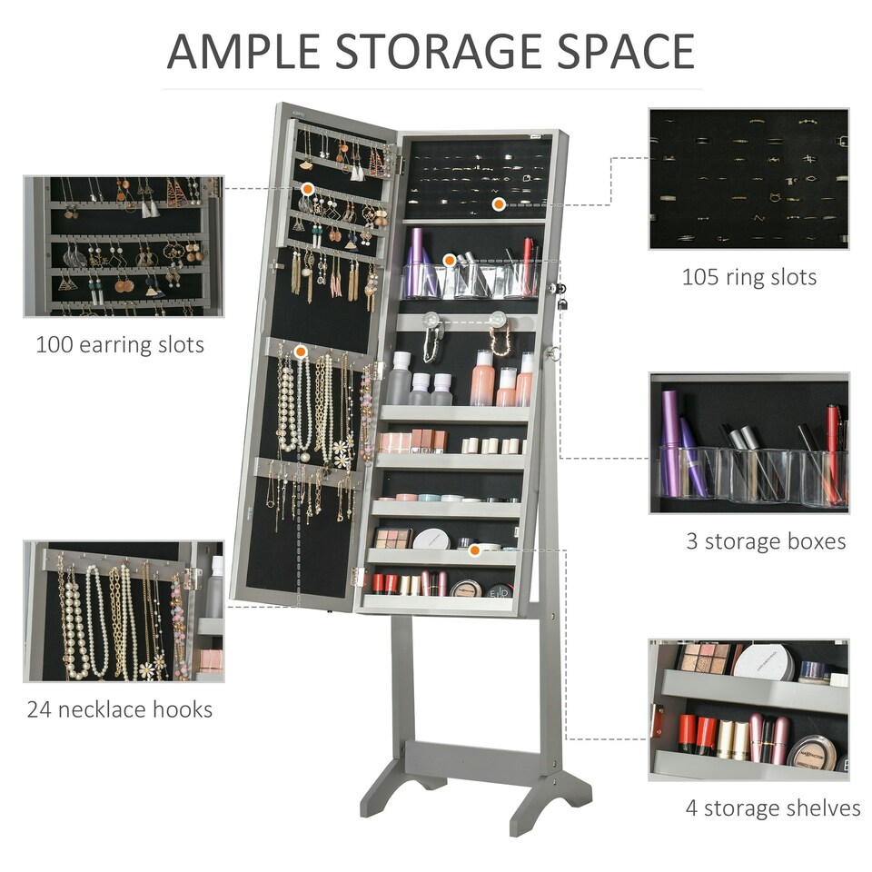 image 1 of HOMCOM Mirrored Jewellery Cabinet W/ LED Light Lockable Jewellery Armoire Grey