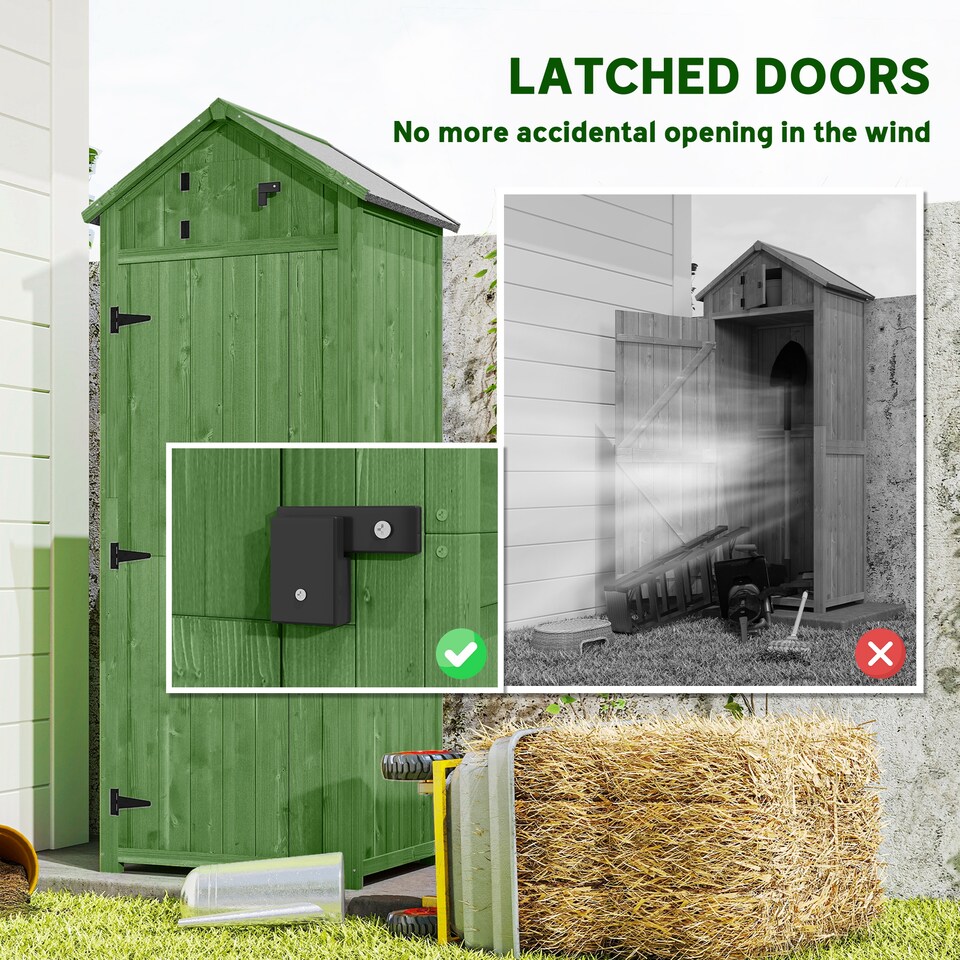 image 1 of Outsunny Small Shed, Tall Slim Wooden Garden Shed with 3 Removable Shelves and Roof Hatch, Compact Outdoor Tool Storage Cabinet with Asphalt Roof and Door Latch, 77 x 54.2 x 179 cm, Green