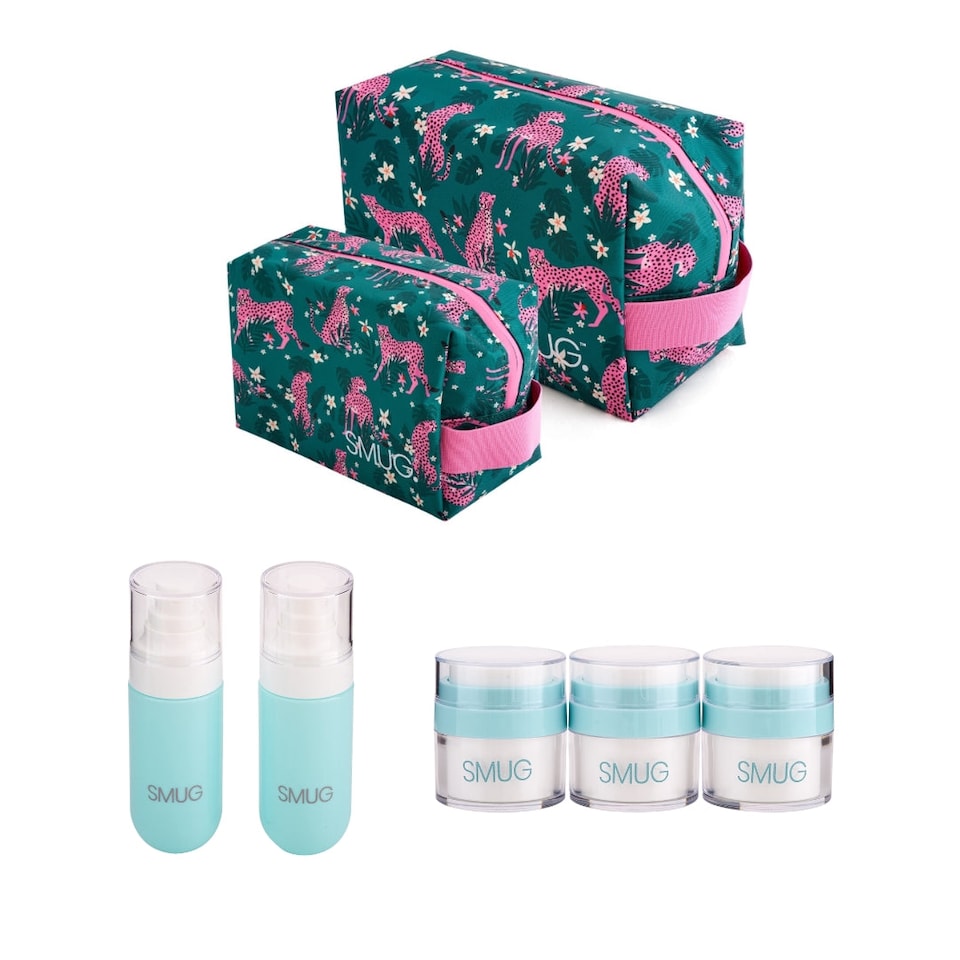 image 1 of SMUG Wash Bag, Toiletry Bag, Pump Jars & Spray Bottles Set - Cheetah Print