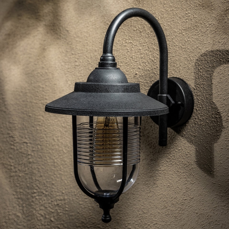 image 1 of CGC Jemima Black Fisherman Hooked Outdoor Wall Lantern Light IP44 E27 | Black | Black | Height: 45.2 cm, Width: 25.2 cm, Depth: 34.2 cm