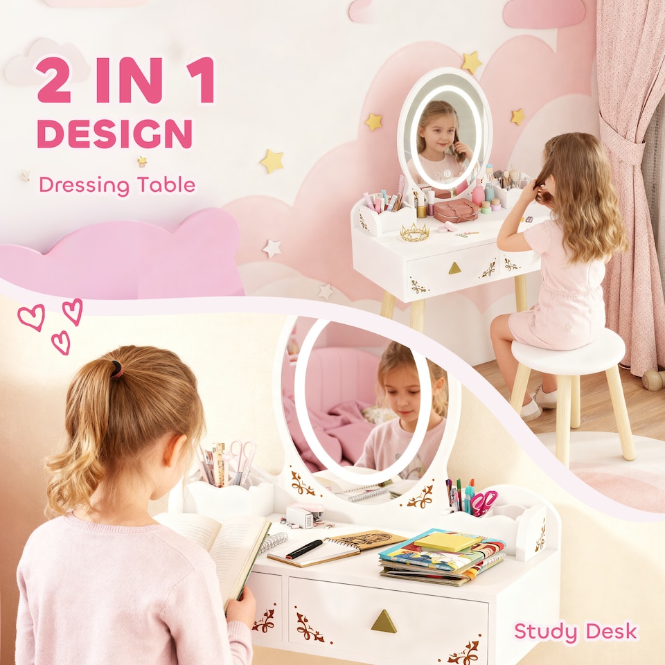 image 1 of AIYAPLAY Kids Vanity Table and Chair Set, 2 in 1 Children Dressing Table with 3-Colour LED Lights Mirror, Drawer, Storage Boxes, Girls Makeup Desk Set for 3+ Years, for Playroom, Bedroom, White