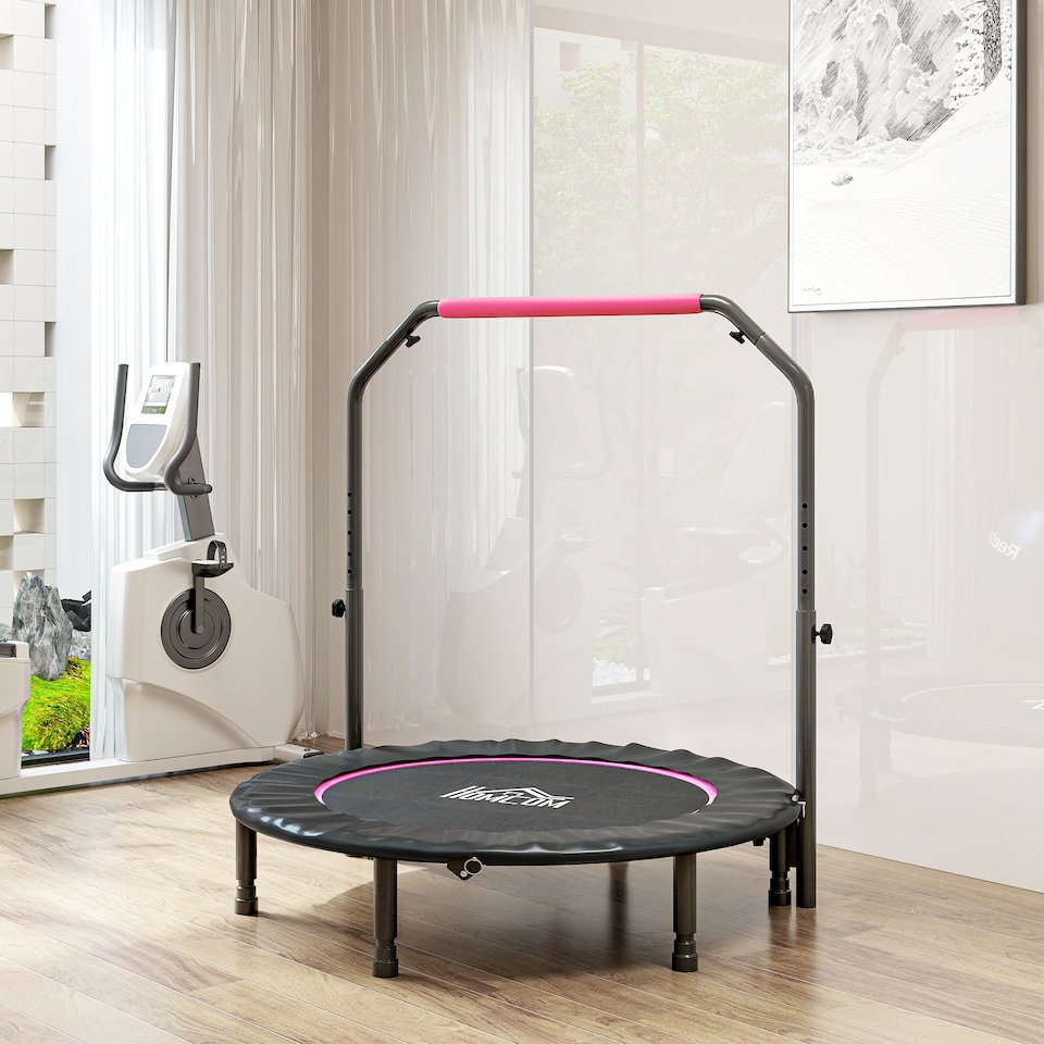 image 1 of HOMCOM 45" Foldable Mini Trampoline Fitness Trampoline Rebounder for Adults with Adjustable Foam Handle, for Indoors, Outdoors, Cardio Training, Pink | Pink