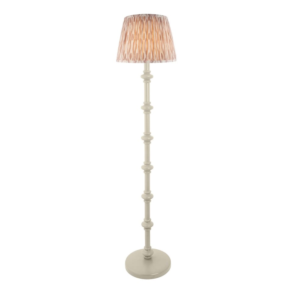 image 1 of Carnaby Satin Almond White Paint Floor Lamp with Neutral Print Fabric Ikat Shade 35cm B22