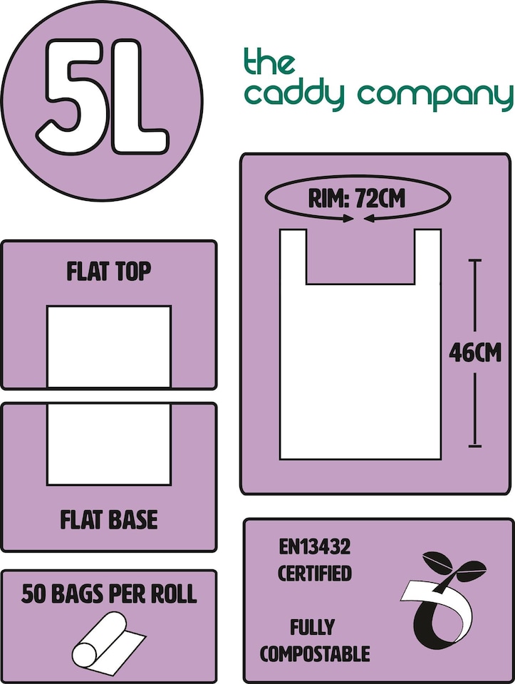 image 1 of The Caddy Company 5 Litre Tie Handle Compostable Food Waste Bin Bags - 5 Rolls