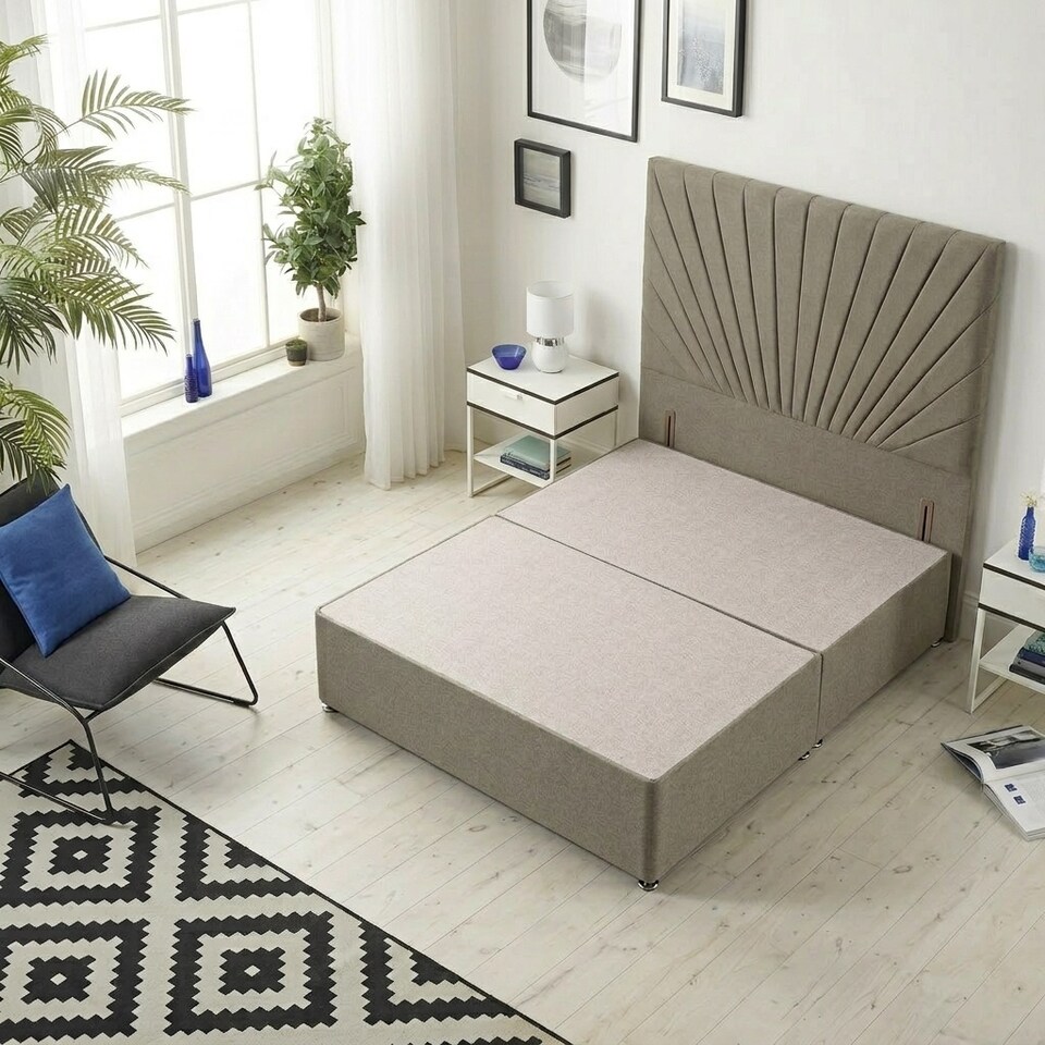 image 1 of Sunburst Divan Bed with 54'' Floor Standing Headboard Tweed Fabric | Brown | Coffee