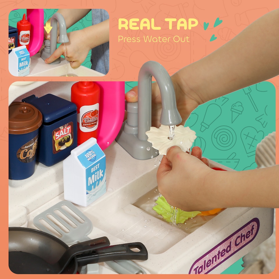 image 1 of AIYAPLAY Kids Play Kitchen Toy Kitchen Pretend Role Play Set 104PCS Accessories Including Realistic Lights & Sounds, Toy Food, Pots, Utensils, for 3-6 Years, Pink