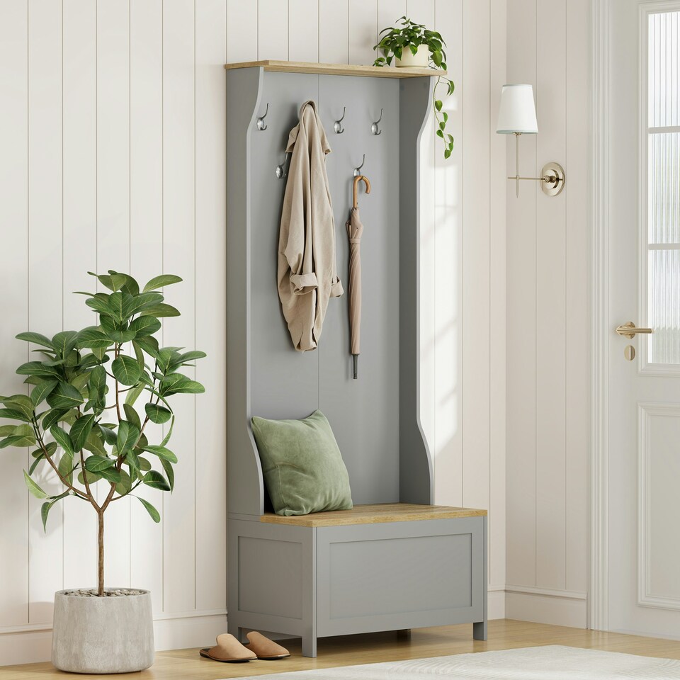 image 1 of VonHaus Grey Coat Rack Stand and Shoe Storage Bench for Hallway