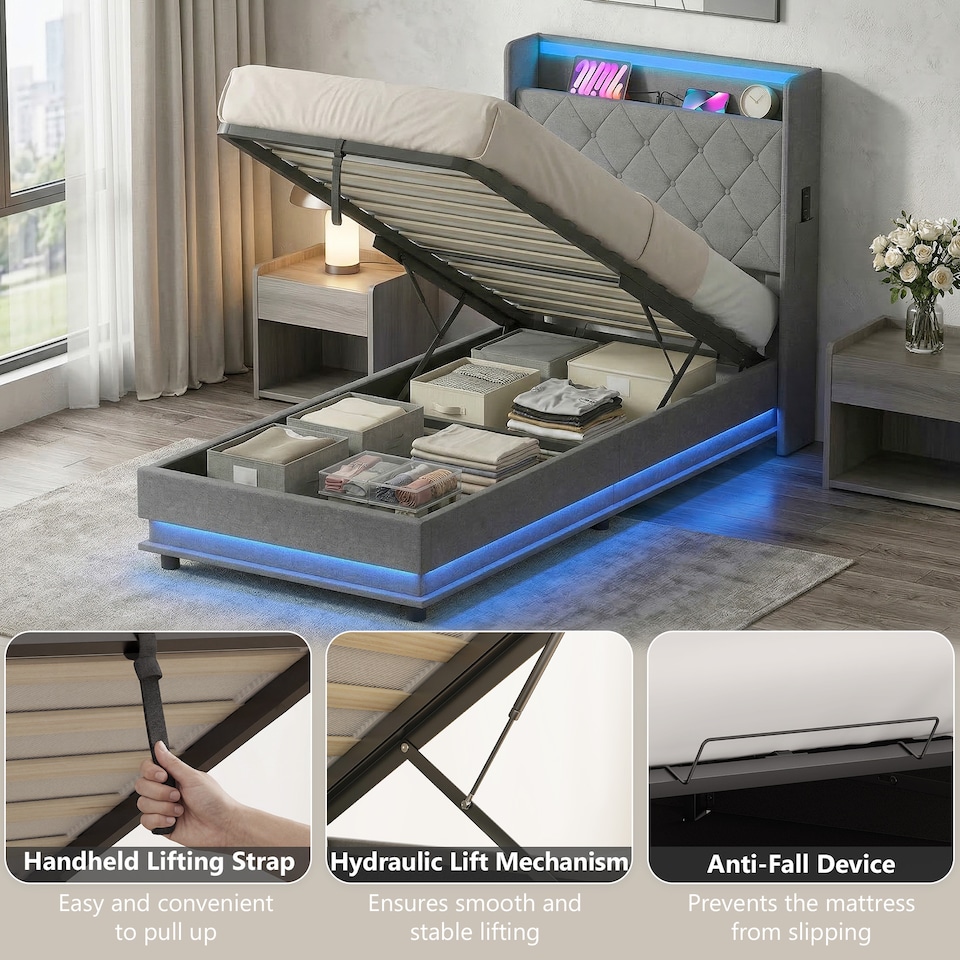image 1 of HOMCOM Lift up Storage Bed Frame with RGB LED Lights, 90 x 190cm, Dark Grey