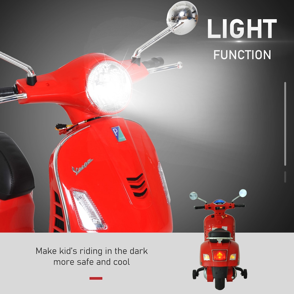 image 1 of HOMCOM Kids Ride On Licensed Vespa Motorcycle 6V MP3 Music LED Lights, Red
