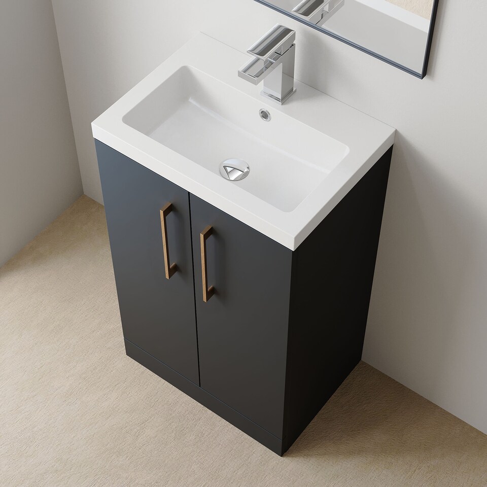 image 1 of Balterley Level Compact Bathroom Cloakroom Vanity Basin Unit with Polymarble Basin, Handles | Black | Satin Soft Black | 840 x 505 x 360mm