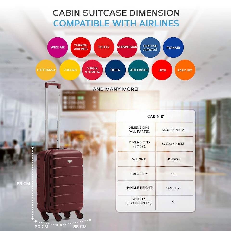 image 1 of Flight Knight Cabin Suitcase 55x35x20cm, Lightweight Carry On Bag - Over 100 Airlines- Ryanair, EasyJet, British Airways - Hand Luggage, ABS Hard Shell TSA Lock Red | Burgundy | Cabin Bag