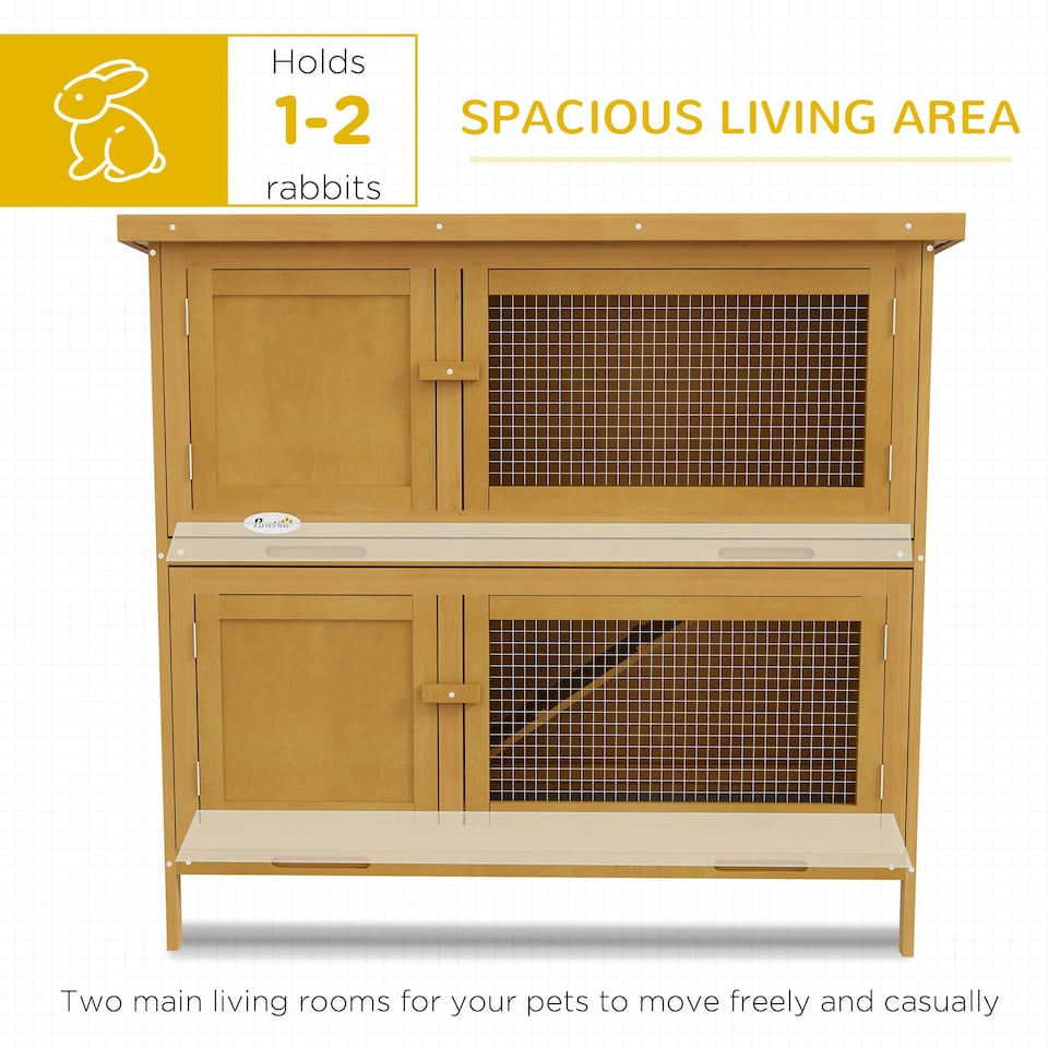 image 1 of PawHut Rabbit Hutch, Double Decker Cage w/ Roof, Divider, Ramp, Yellow