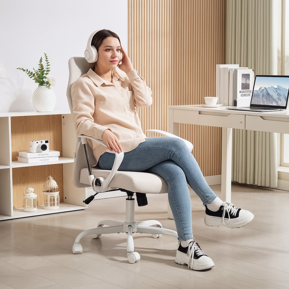 image 1 of HOMCOM Office Chair, Fabric Computer Desk Chair with High Back, Swivel Wheels, Armrest, Tilting Function, Height Adjustable for Home, Cream White | White