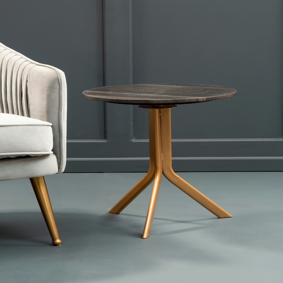 image 1 of Interiors by Premier Round Black Marble Side Table, Sleek Black Marble Top with Gold Tripod Iron Base, Geometric Accent Table Gold