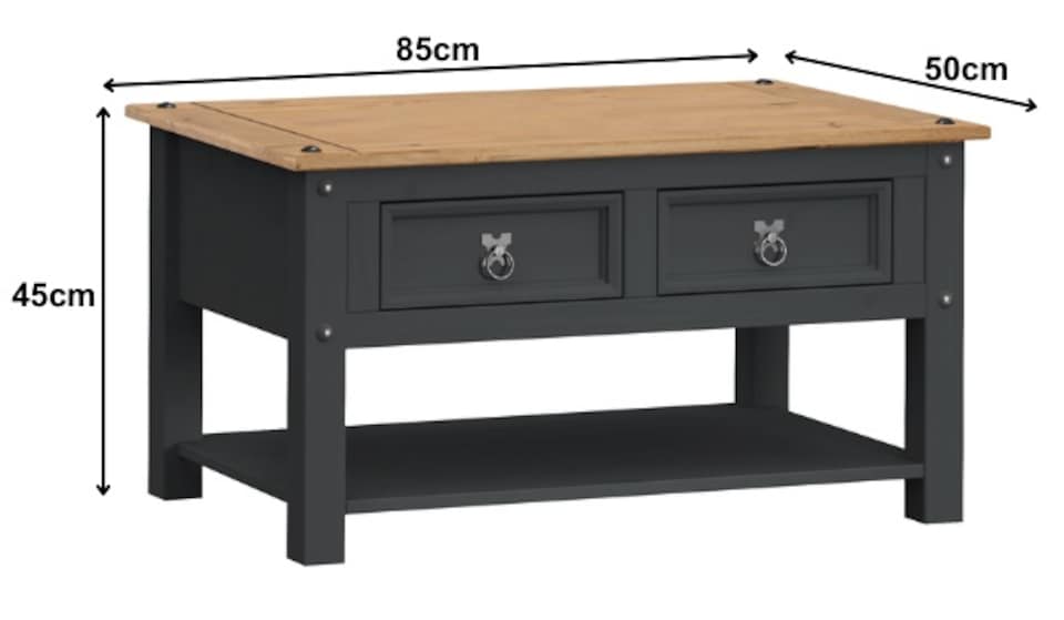 image 1 of Mercers Furniture Corona Charcoal 2 Drawer 1 Shelf Coffee Table Solid Wood Pine Wooden Dark Grey with Mexican Styling