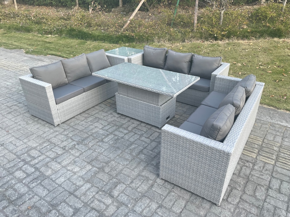 image 1 of Fimous Lounge Rattan Garden Furniture Set Adjustable Rising Lifting Table Dining Set With Side Coffee Tea Table