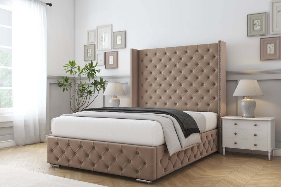 image 1 of Sloomy Arundel Mink Plush Bed Frame With 50"  Upholstered Wingback Headboard 6' Super King