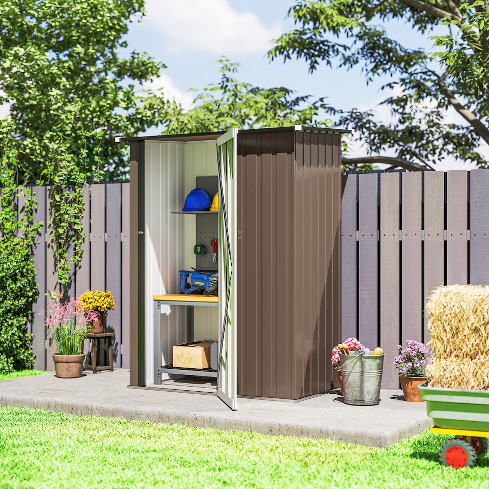 image 1 of Outsunny 5ft x 3ft Garden Storage Shed, Outdoor Metal Shed with Sloped Roof, Lockable Door for Tools, Equipment, Brown