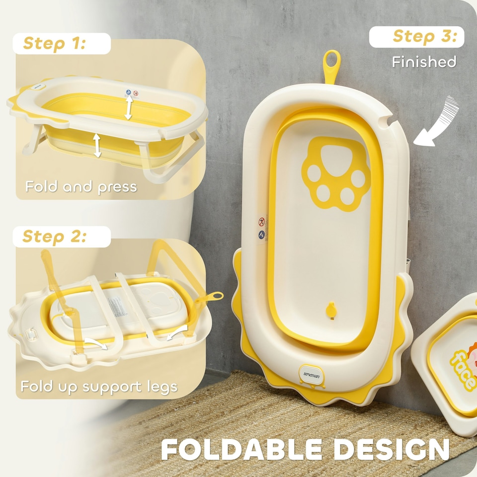image 1 of AIYAPLAY Foldable Baby Bath Tub Set with Bath Cushion, Wash Basin, Yellow