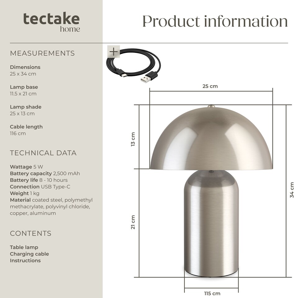 image 1 of Table Lamp Kade - retro design, 3 brightness levels, battery-powered | Silver | nickel matt | 25 x 25 x 34 cm | 1