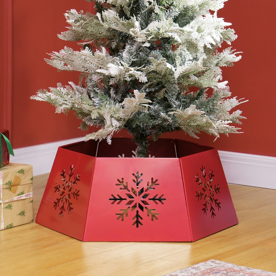 image 1 of HOMCOM Hexagon Christmas Tree Base Cover with Hollow Snowflake Patterns Red