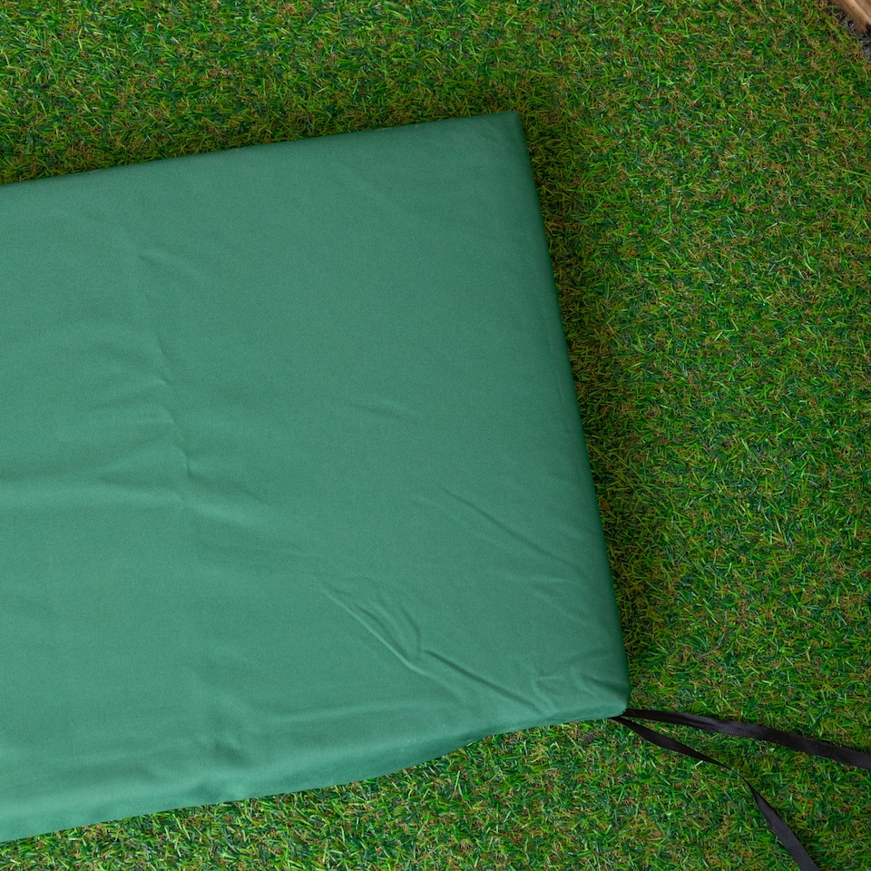 image 1 of Hand Made Traditional 2 Seater Chunky Rustic Wooden Garden Bench with Green Cushions
