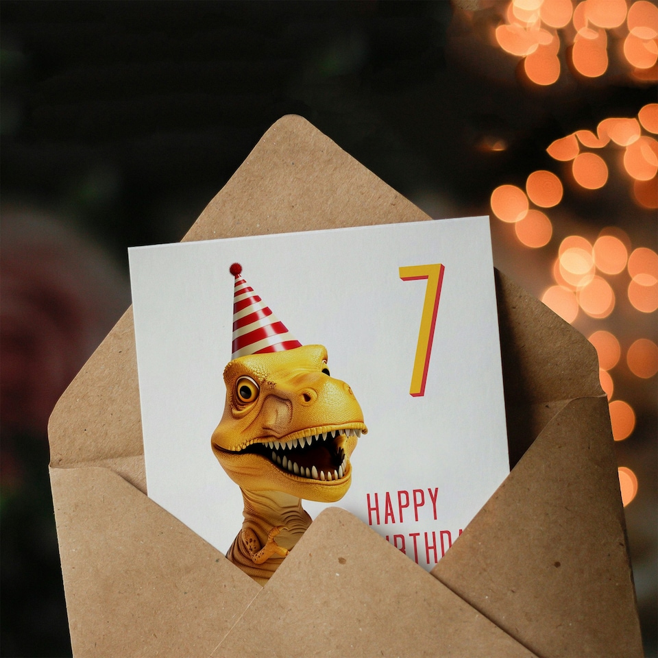 image 1 of T-Rex Dinosaur Party Hat Kids Age 7 Year Old Child Kids 7th Birthday Card
