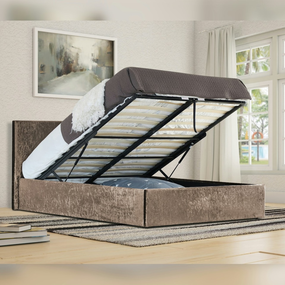 image 1 of 5ft Kingsize Crushed Velvet Gas Lift Ottoman Bedframe in Truffle