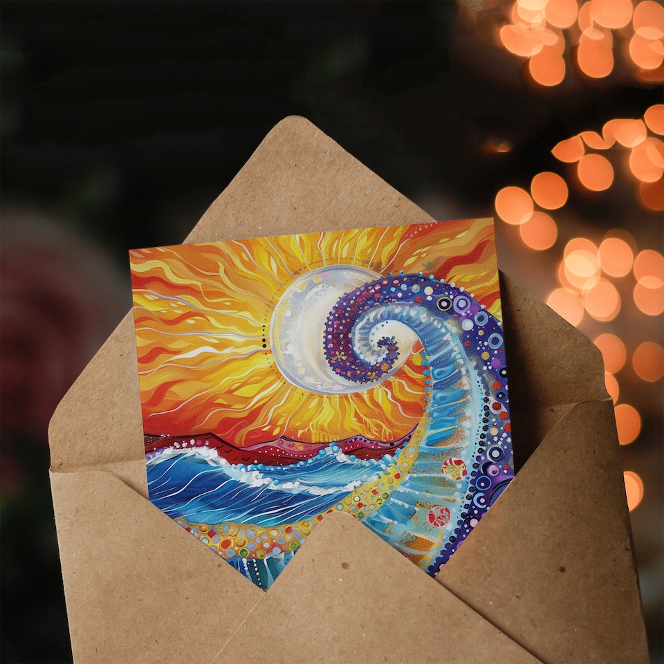 image 1 of Bon Voyage Sun Colourful Seascape Wave Folk Art Farewell Card