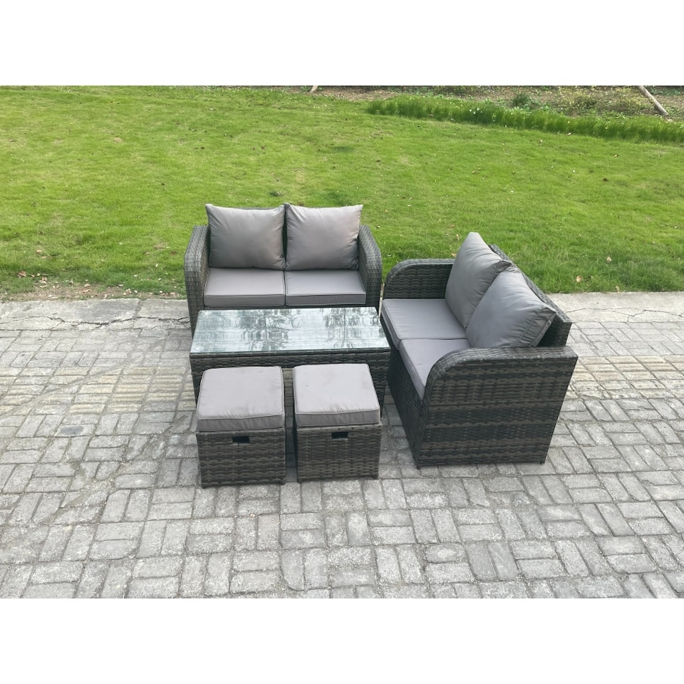 image 1 of Fimous Patio Garden Furniture Sets Wicker Outdoor Rattan Furniture Sofa Sets with Rectangular Coffee Table 2 Small Footstools