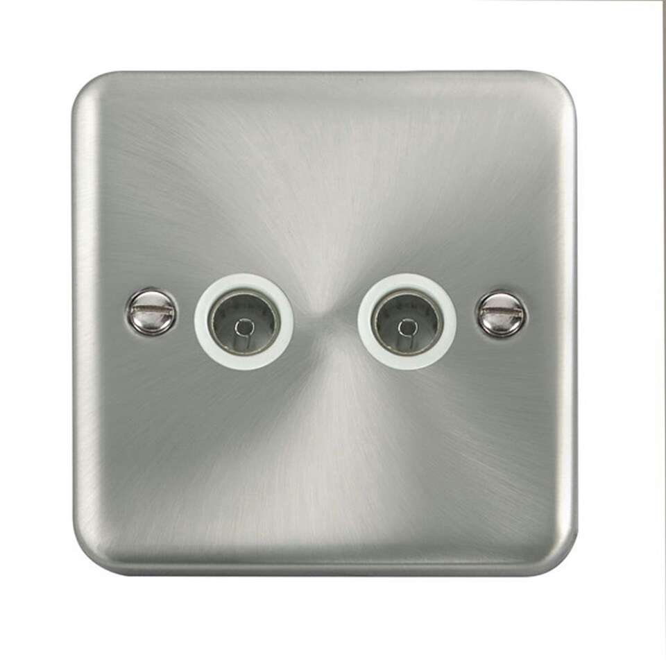 SE HOME Curved Satin Chrome 2 Gang Twin Coaxial TV Socket White | Satin Chrome