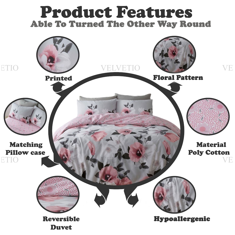 image 1 of VELVETIO 3D Digital Poppy Duvet Cover Set Reversible Floral Single Size Beddings Pink