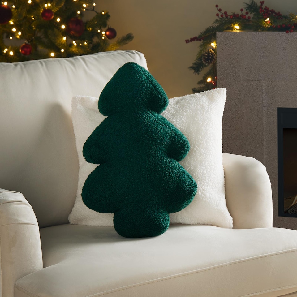 image 1 of OHS 2 x Christmas Tree Winter Soft Plush Fleece Filled Cushion | Green