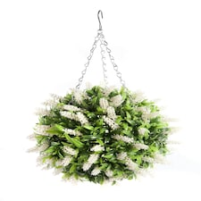 Best Artificial 28cm White Lush Lavender Hanging Basket Flower Topiary Ball - Suitable for Outdoor Use - Weather & Fade Resistant