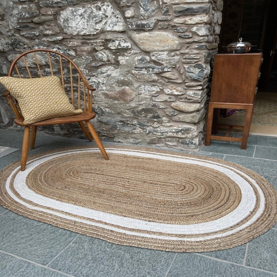 image 1 of KHIDAKEE Oval Rug Braided with Ivory Border - Jute - L90 x W150 - Natural Brown