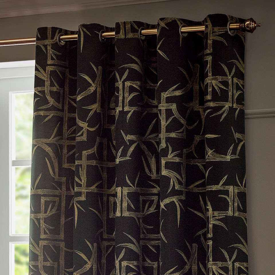 image 1 of Paoletti Bamboo Fully Lined Jacquard Eyelet Curtain Pair, 229cm width x 229cm drop | Black | Black | 1