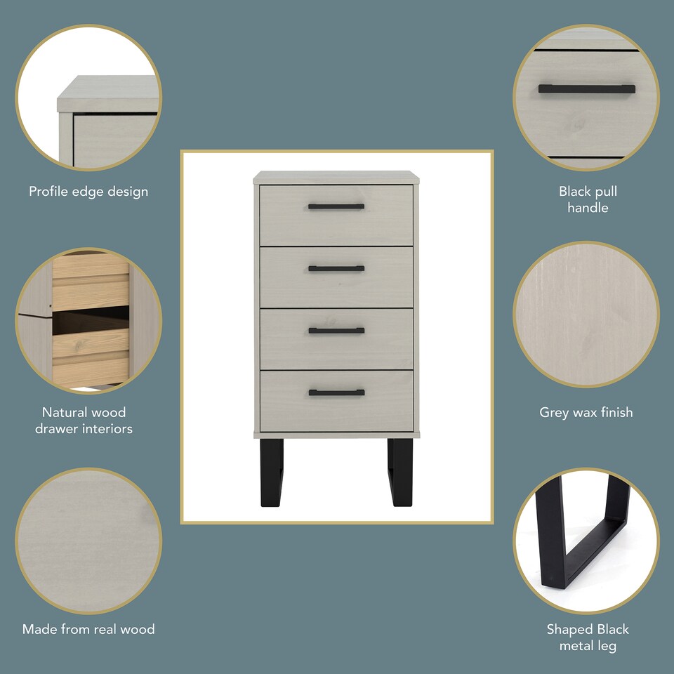 image 1 of Texas 4 Drawer Narrow Chest of Drawers - Industrial Style Pine Bedroom Storage Cabinet with Metal Legs | Grey | Grey | 1