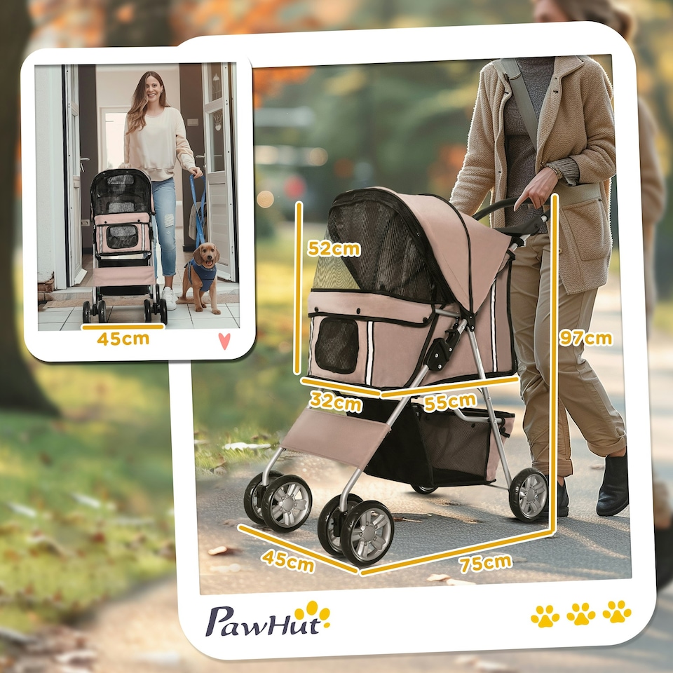 image 1 of PawHut Pet Stroller Carrier Foldable Deluxe Jogger Walk Travel Dog Cat Brown