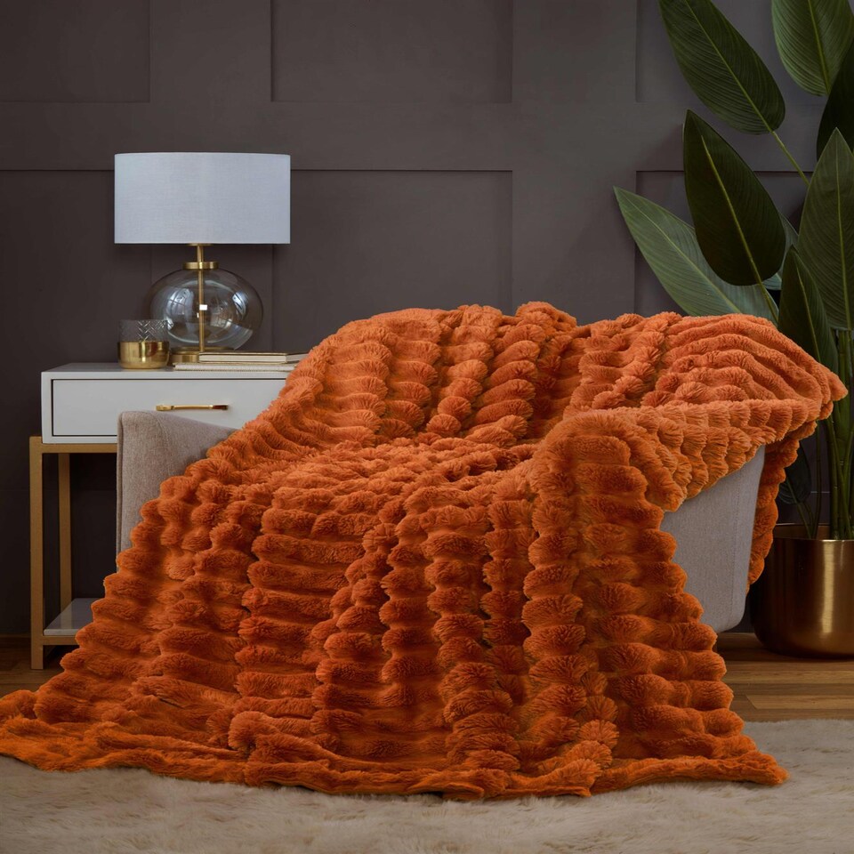 image 1 of Rabbit Faux Fur Blanket/Throw | Orange | Burnt Orange | One Size | 1